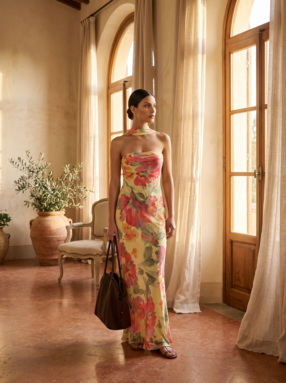 Vestido largo floral amarillo Vezza palabra de honor en villa italiana
