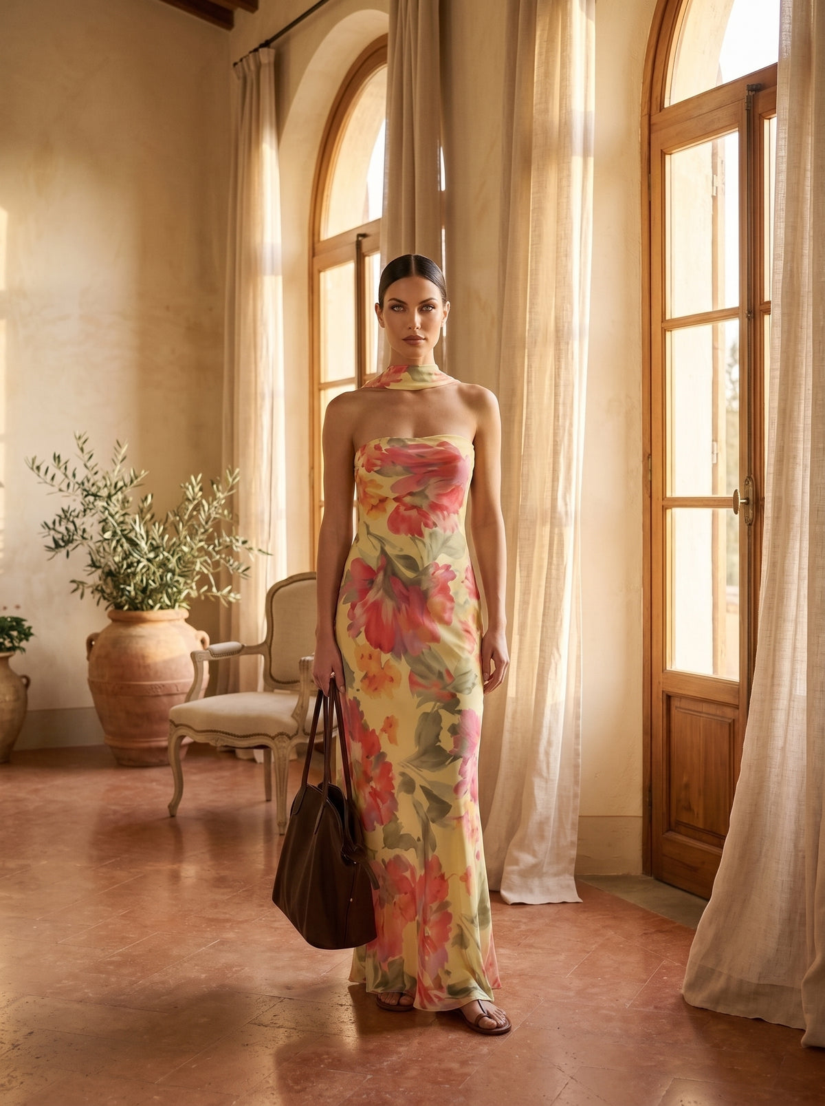 Vestido largo de gasa floral Vezza, frontal, tonos coral y verde