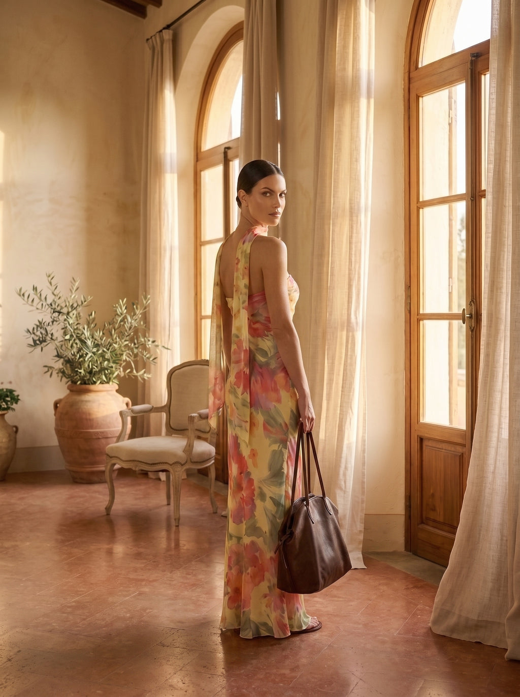 Espalda de vestido largo floral Vezza con banda al cuello, colección verano