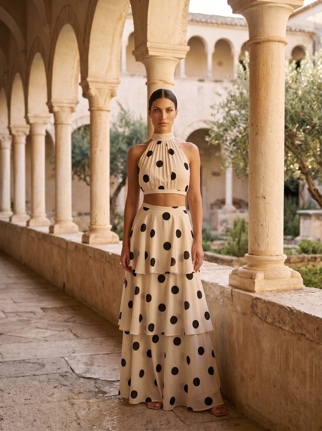 Conjunto dos piezas de lunares Vezza, frontal, look de ceremonia
